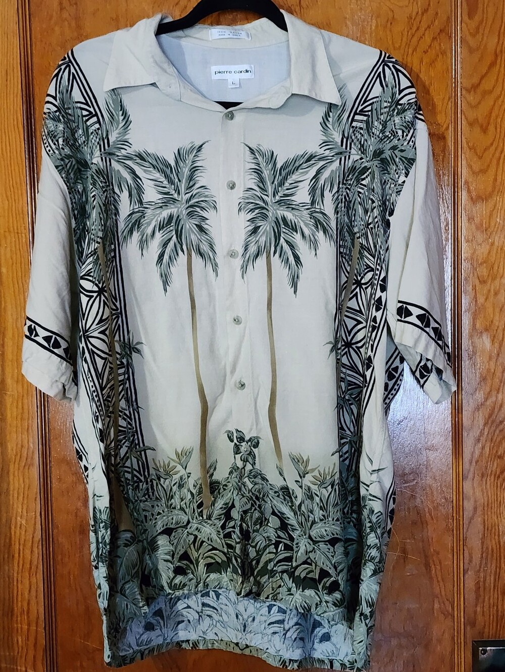 Vintage 90s Pierre Cardin Palm Tree Rayon Hawaiian Shirt L Cream